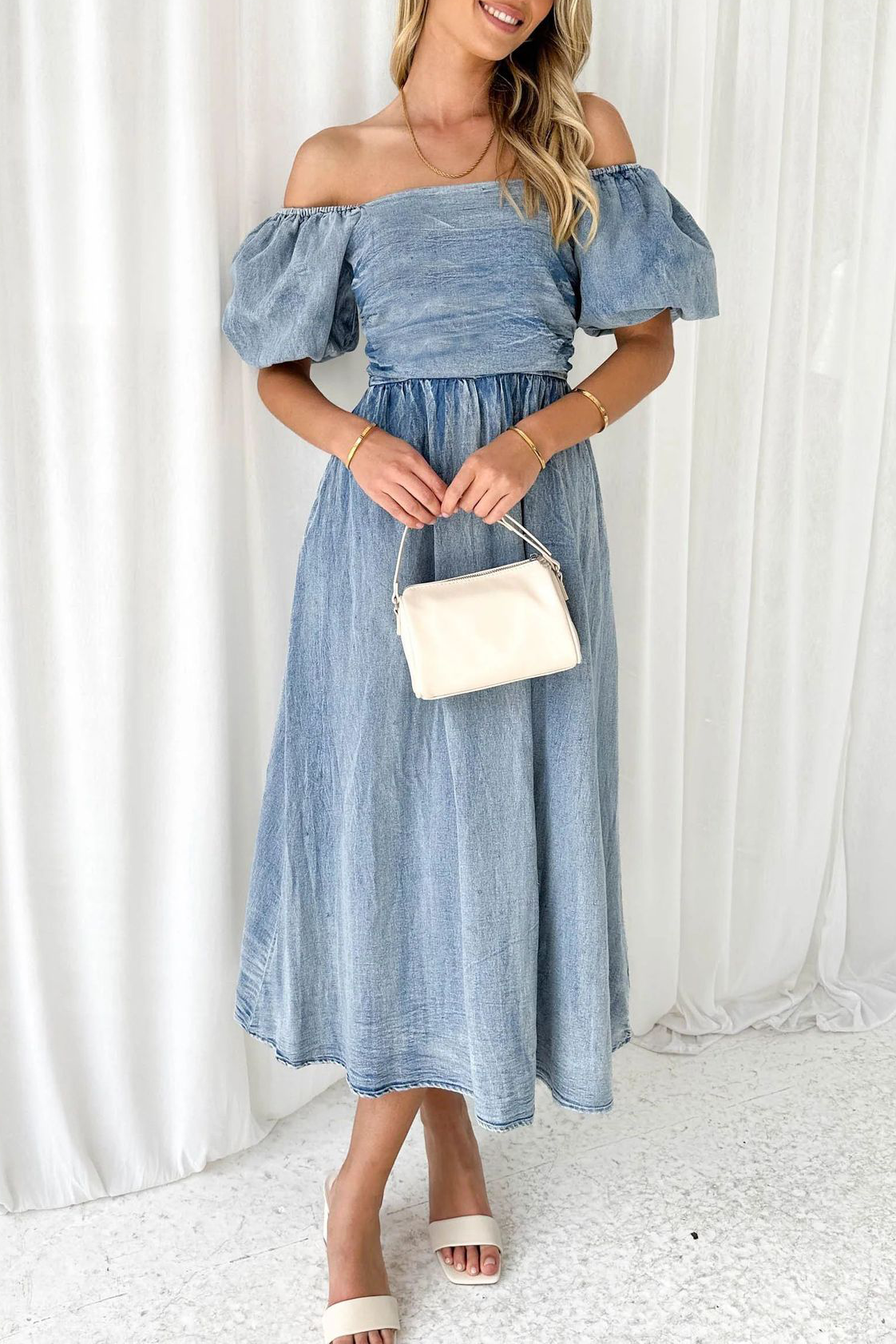 Off Shoulder Puff Sleeve A-Line Denim Elegant Midi Dresses-Blue