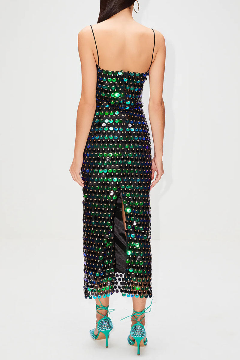 Sequins Spaghetti Strap Slim Fit Birthday Party Midi Dresses-Silver