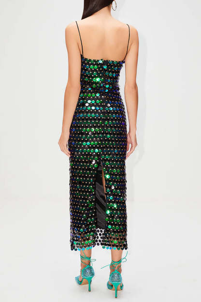 Sequins Spaghetti Strap Slim Fit Birthday Party Midi Dresses-Silver