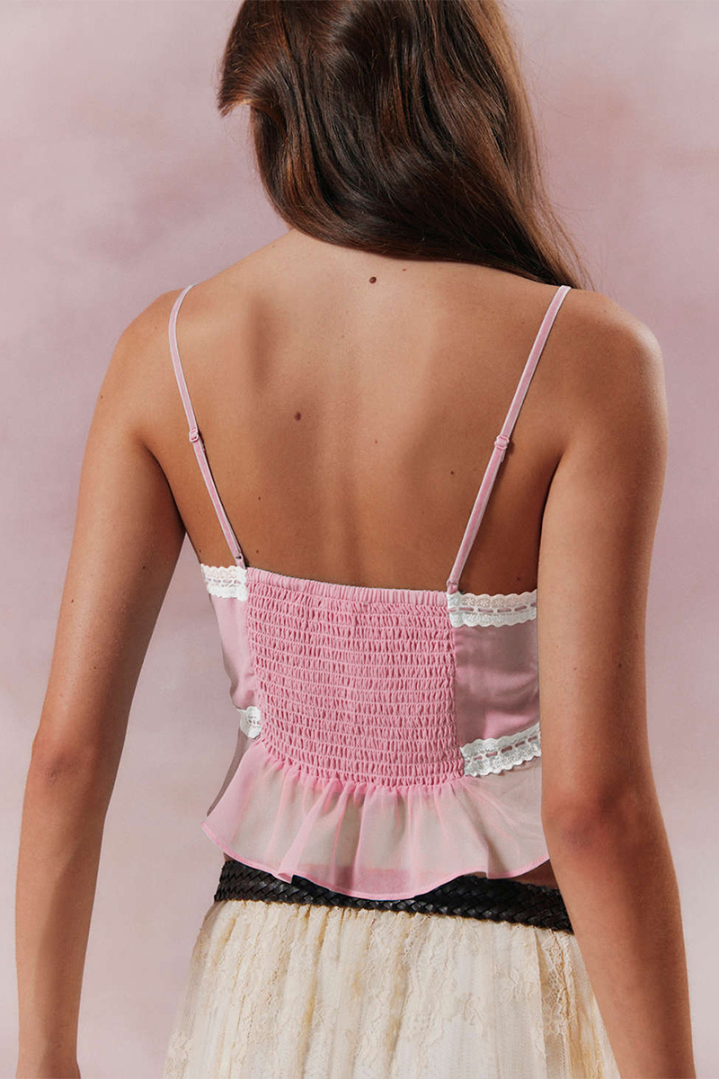 Colorblock Lace Trim Tie-Up Ribbon Crop Cami-Purple