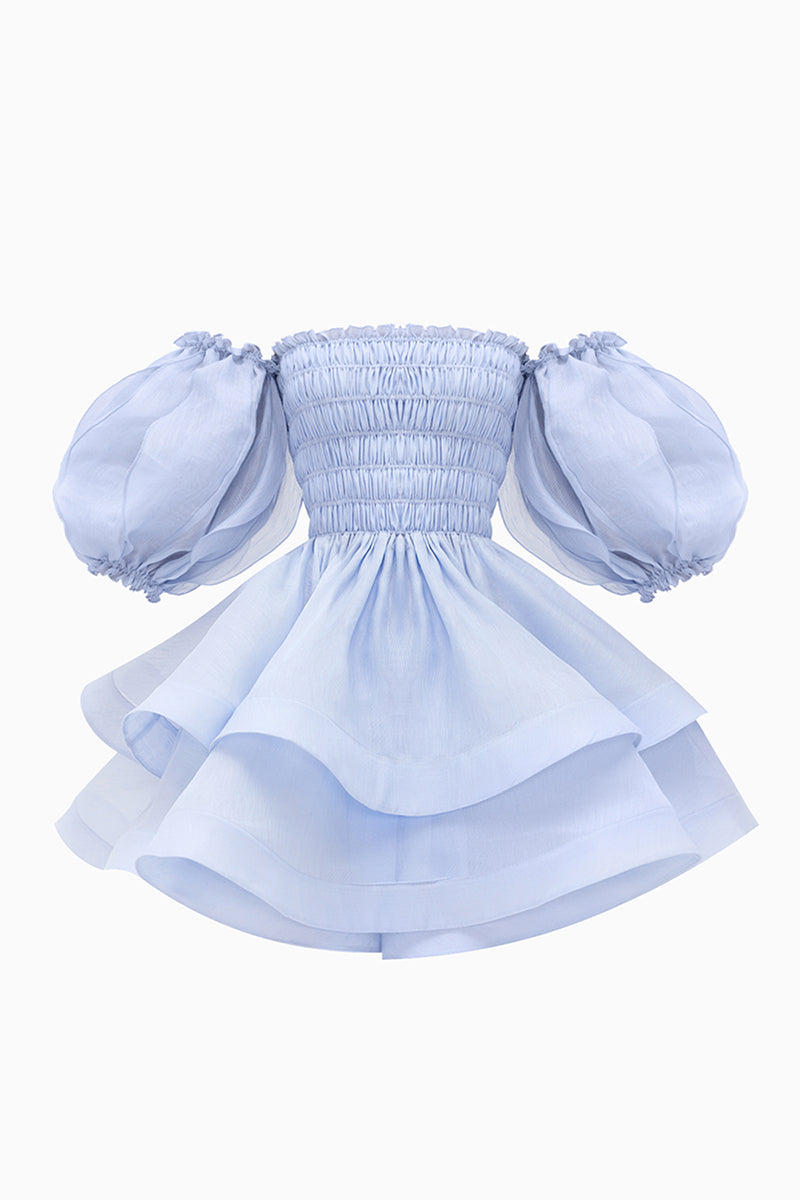 Off Shoulder Puff Sleeve Ruched A-Line Tulle Mini Dresses-Blue