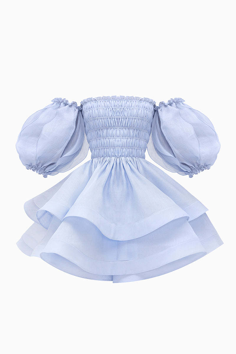 Off Shoulder Puff Sleeve Ruched A-Line Tulle Mini Dresses-Blue
