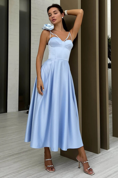 3D Flower Decor Corset A-Line Cutout Gowns Midi Slip Dresses-Blue