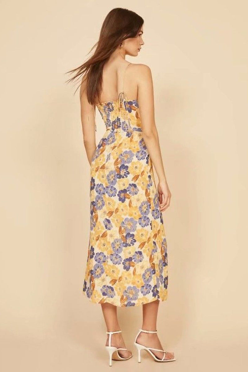 Vacation Irregular Neck Tied Up Cami A-line Floral Print High Slit Midi Dresses