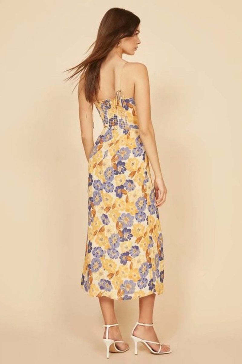 Vacation Irregular Neck Tied Up Cami A-line Floral Print High Slit Midi Dresses