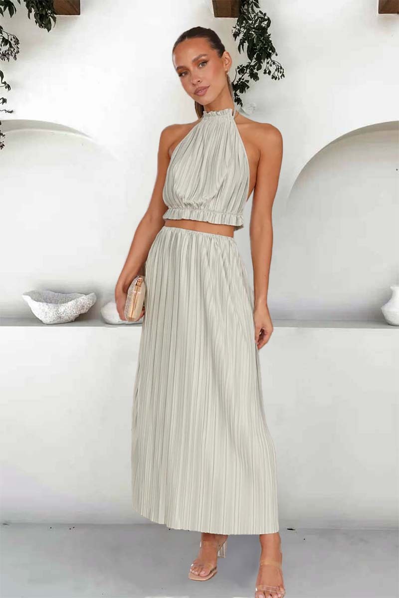 Tied Up Halter Neck Backless Crop Top Slit Maxi Skirt Pleated Slim Matching Sets