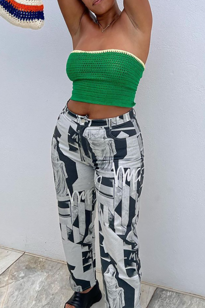 Crochet Colorblock Trim Crop Tube Top-Beige