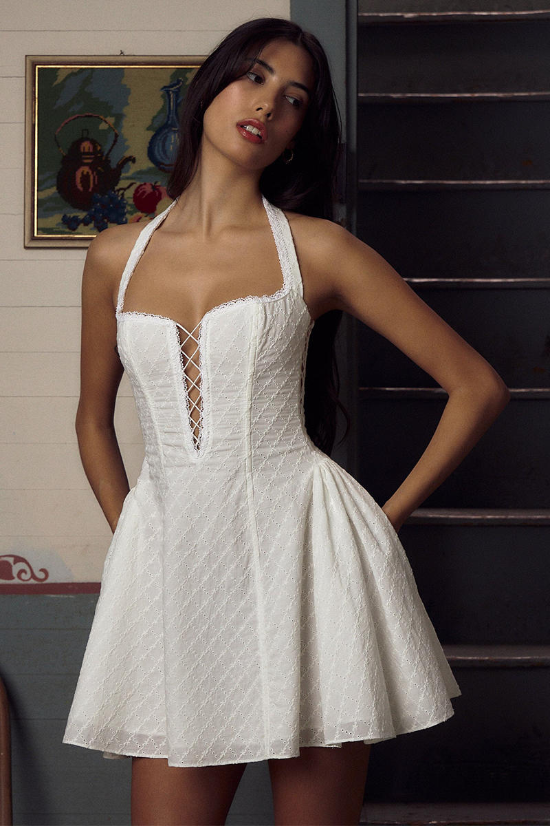 Lace Trim Halter Neck Lace Up A-Line Sleeveless Jacquard Mini Dresses-White