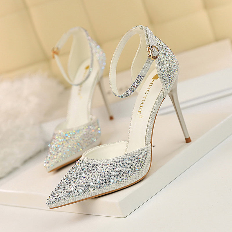 Rhinestone Embellished Pointy Toe Ankle Strap Buckle Stiletto Heels