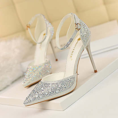 Rhinestone Embellished Pointy Toe Ankle Strap Buckle Stiletto Heels
