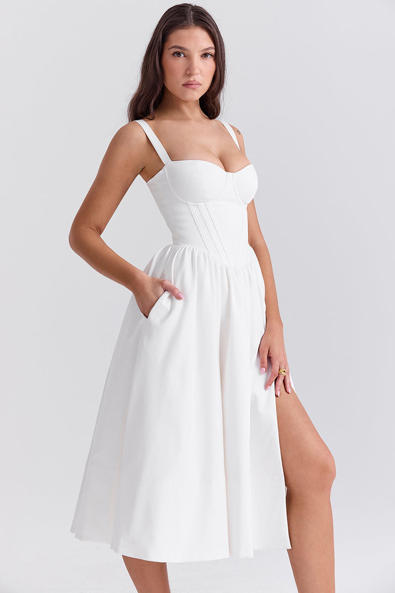 Spaghetti Strap Corset Lace Up Pocket Slit Midi Dresses-White