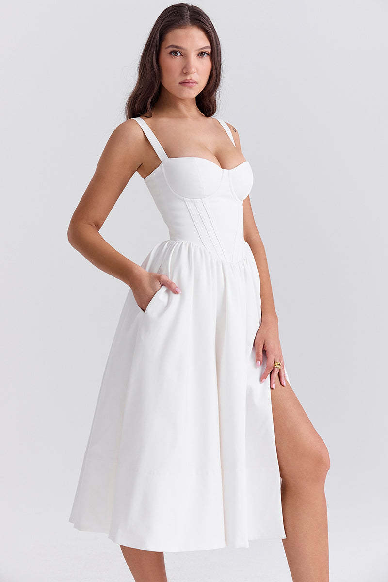 Spaghetti Strap Corset Lace Up Pocket Slit Midi Dresses-White