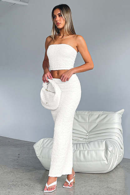 Textured Crop Tube Top Split Bodycon Maxi Skirt Matching Set-White