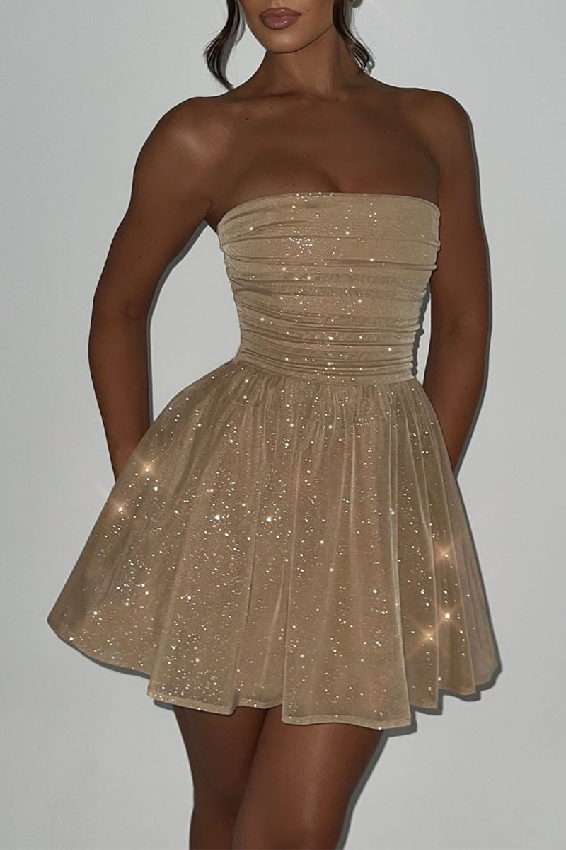 Boat Neck Strapless A-Line Back Bow Sparkling Mini Dresses-Gold