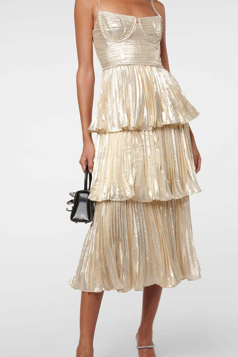 Diamante Straps Pleated Layered Party Satin Midi Slip Dresses-Champagne