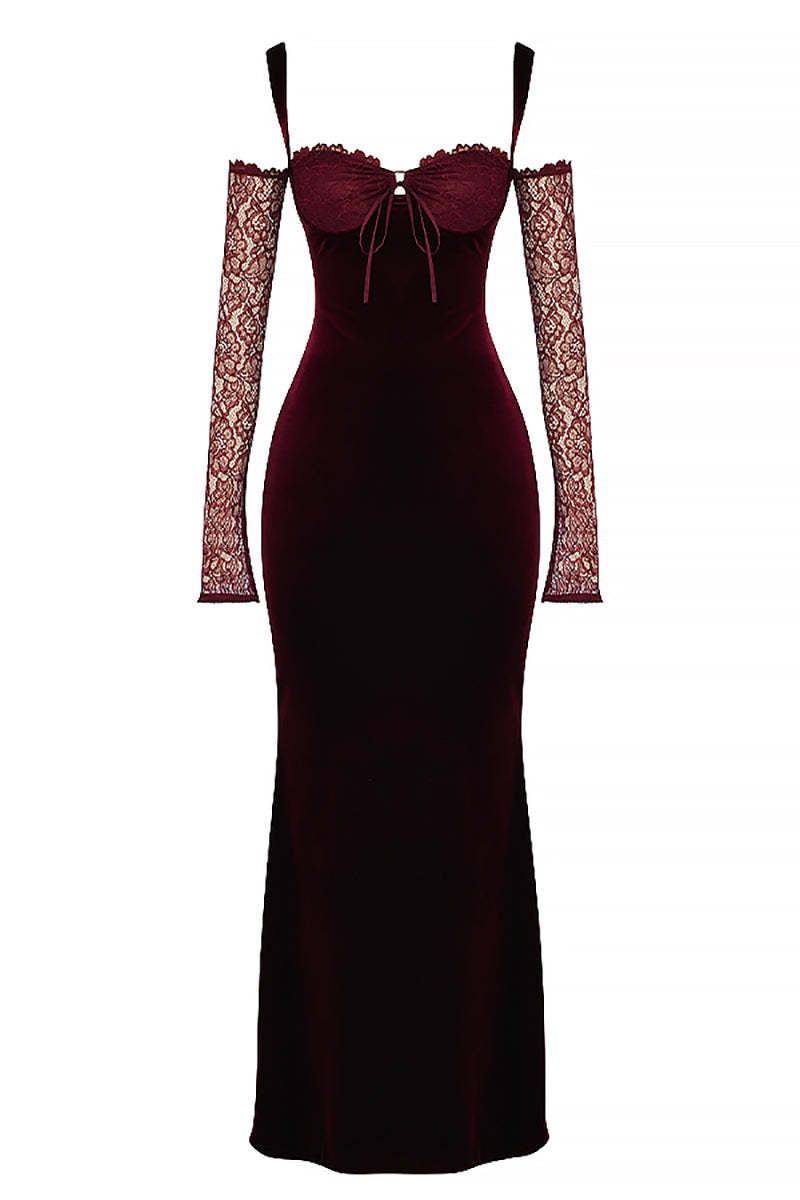 Cold Shoulder Lace Sleeve Bodycon Velvet Formal Party Maxi Dresses