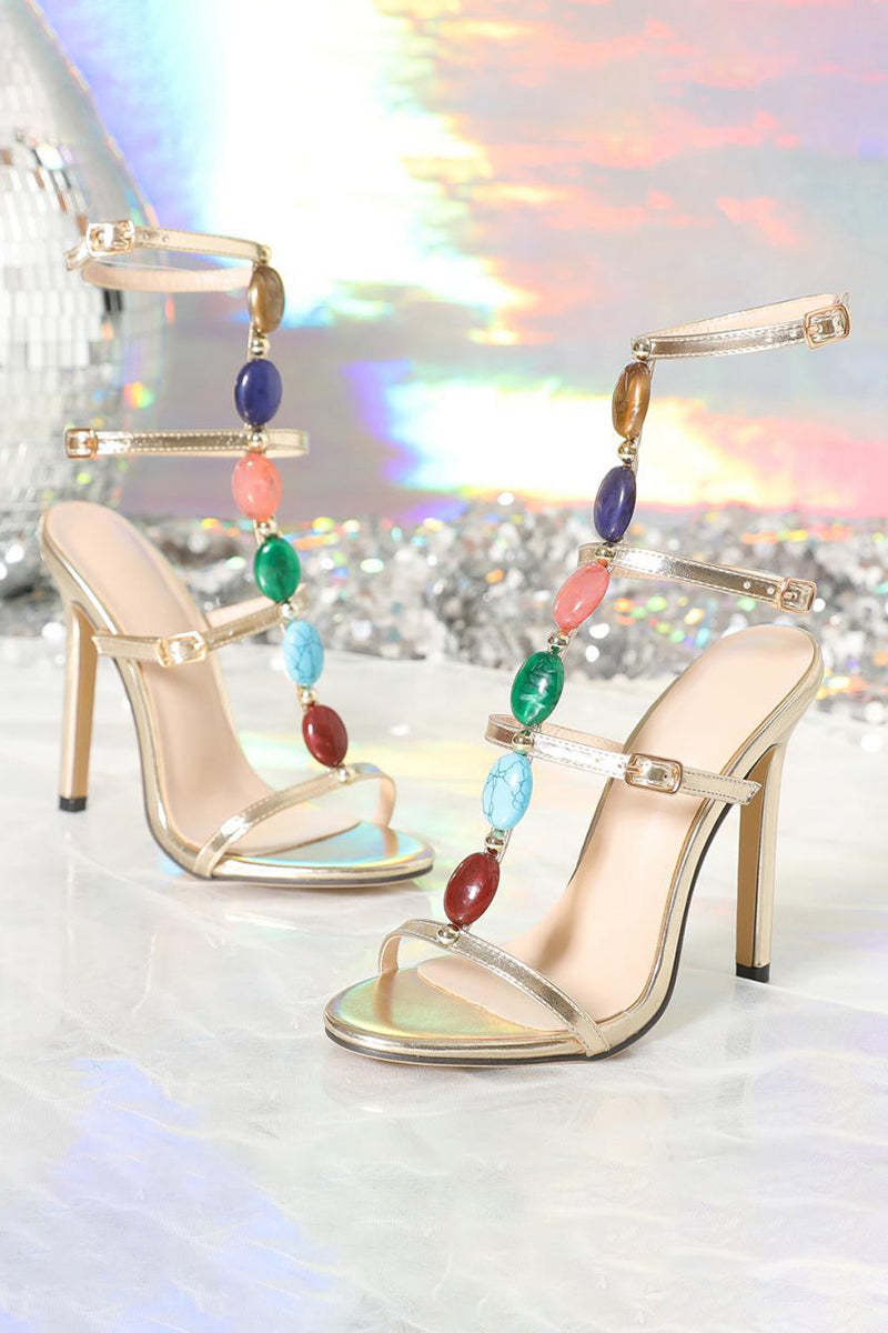Multi-Color Faux Gemstones Decor Buckles Straps High Heels-Gold