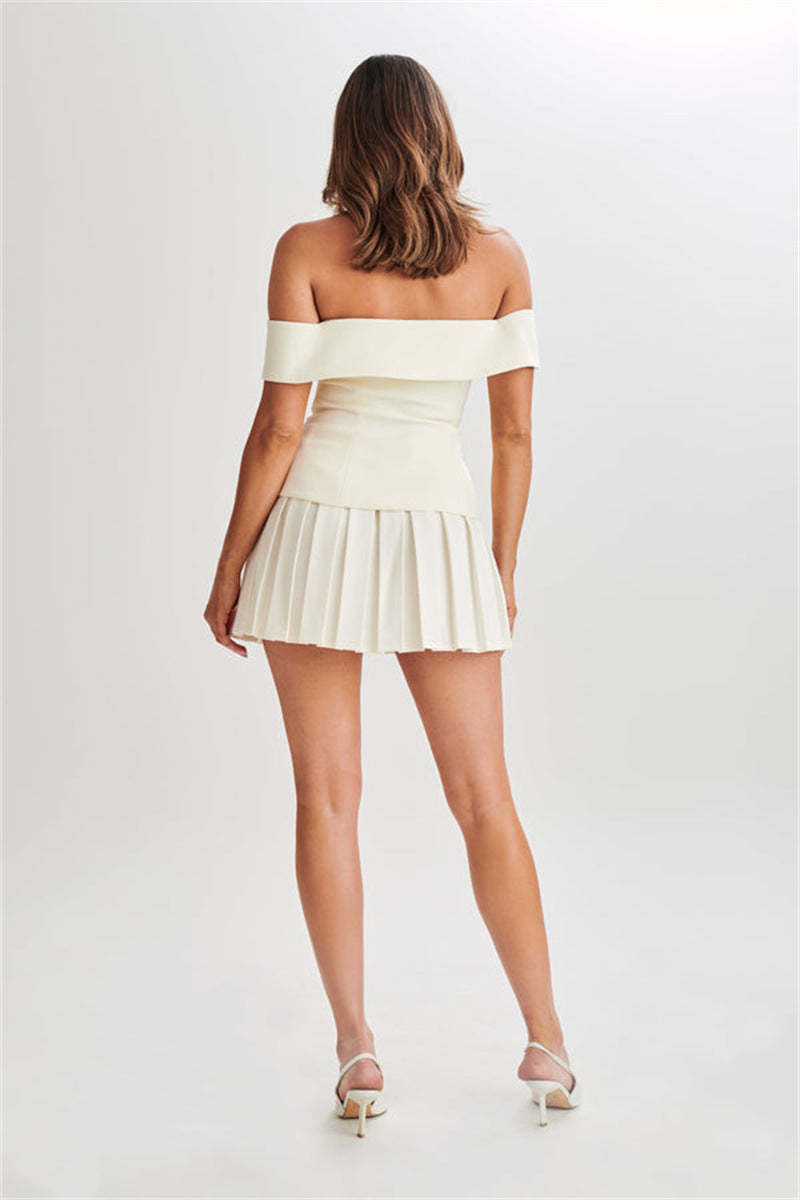 Off Shoulder Double Breasted Top Pleated Mini Skirt Matching Set-Burgundy