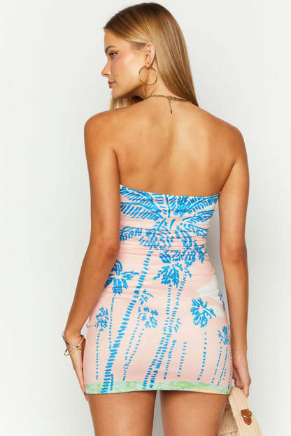 Palm Print Ruched Strapless Bodycon Vacation Mini Dresses-Pink Pre Order