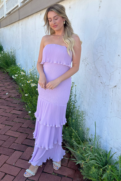 Boat Neck Strapless Layered Ruffled Plain Maxi Dresses-Purple Pre Order
