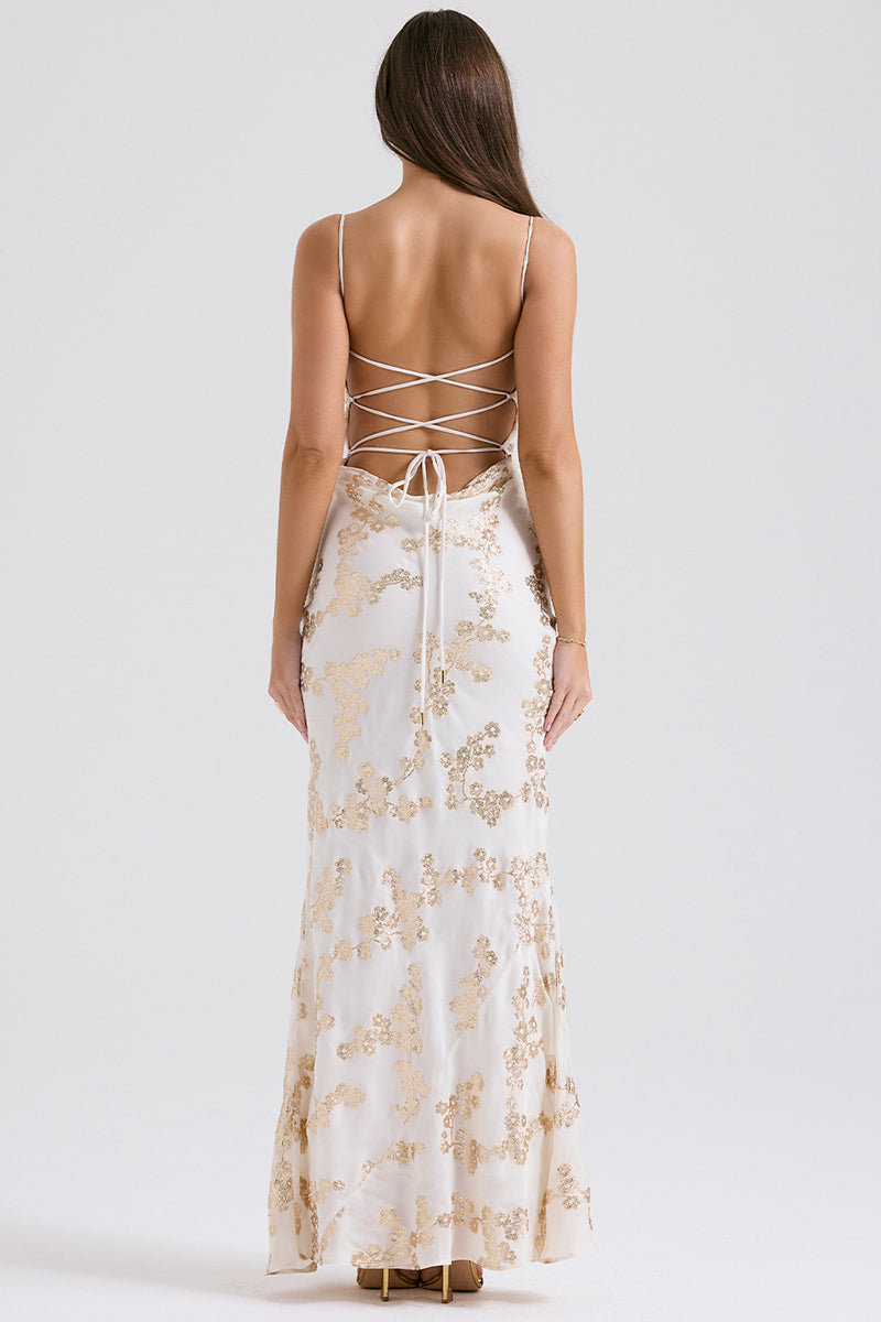 Shimmering Floral Pattern Lace Up Backless Fishtail Hem Slip Maxi Dresses-White