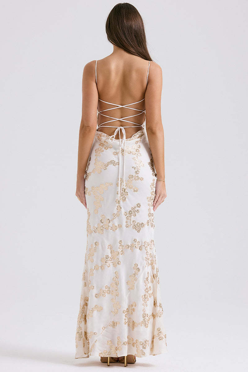 Shimmering Floral Pattern Lace Up Backless Fishtail Hem Slip Maxi Dresses-White