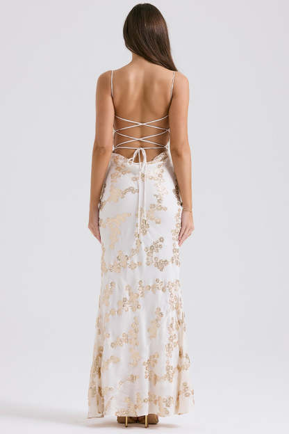 Shimmering Floral Pattern Lace Up Backless Fishtail Hem Slip Maxi Dresses-White