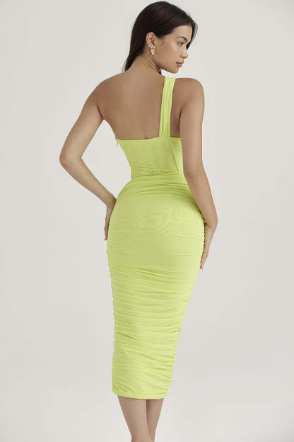 One Shoulder Front Cut Out Corset Ruched Party Midi Dresses