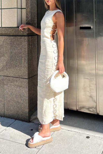 Boat Neck Metallic O-Ring Decor Sleeveless Cutout Plain Maxi Dresses