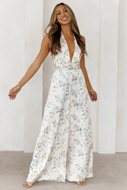 Floral Print Deep V Neck Halter Wide Leg Backless Jumpsuit-White
