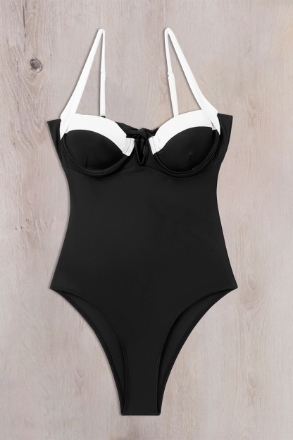 Colorblock Sleeveless Back Bow One-Piece Swimsuit-Black