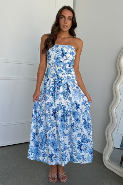 Floral Print Boat Neck Strapless A-Line Maxi Dresses-Blue