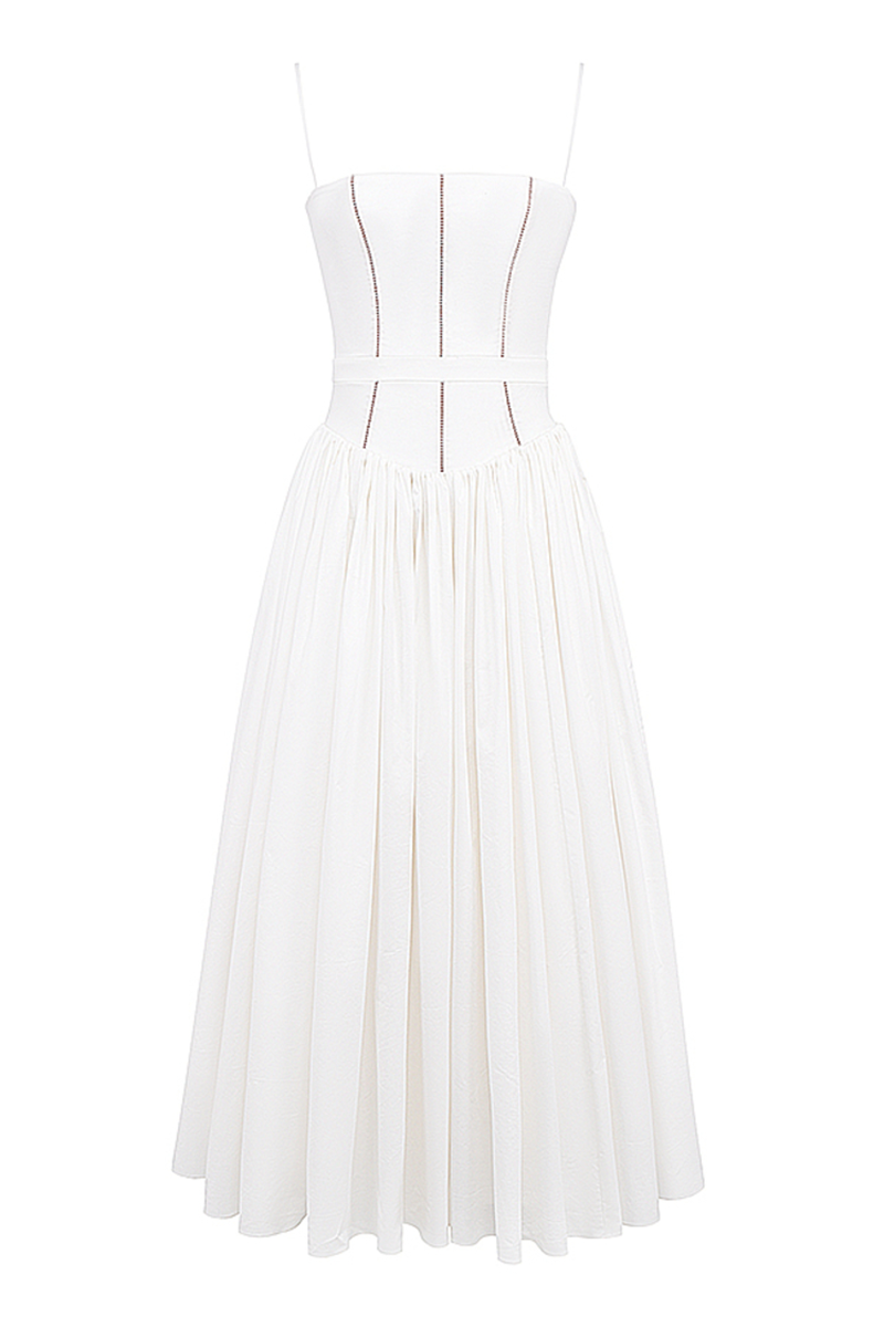 Spaghetti Strap Boat Neck Cinch Waist Pleated Hem Maxi Dresses-White