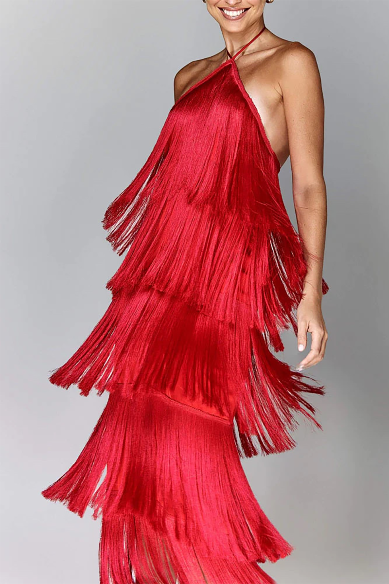 Tiered Fringed Sleeveless Halter Open Back Prom Party Maxi Dresses-Brown