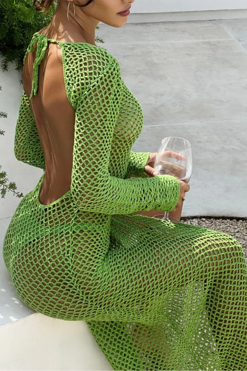 Hollow Out Long Sleeve Backless High Slit See Through Knit Vacation Maxi Dresses-Blue