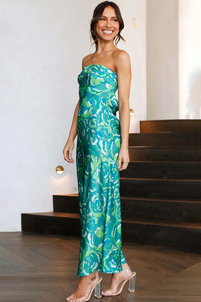 Floral Print Strapless Cut Out Flowy Satin Vacation Maxi Dresses