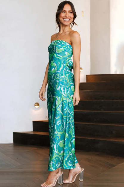 Floral Print Strapless Cut Out Flowy Satin Vacation Maxi Dresses