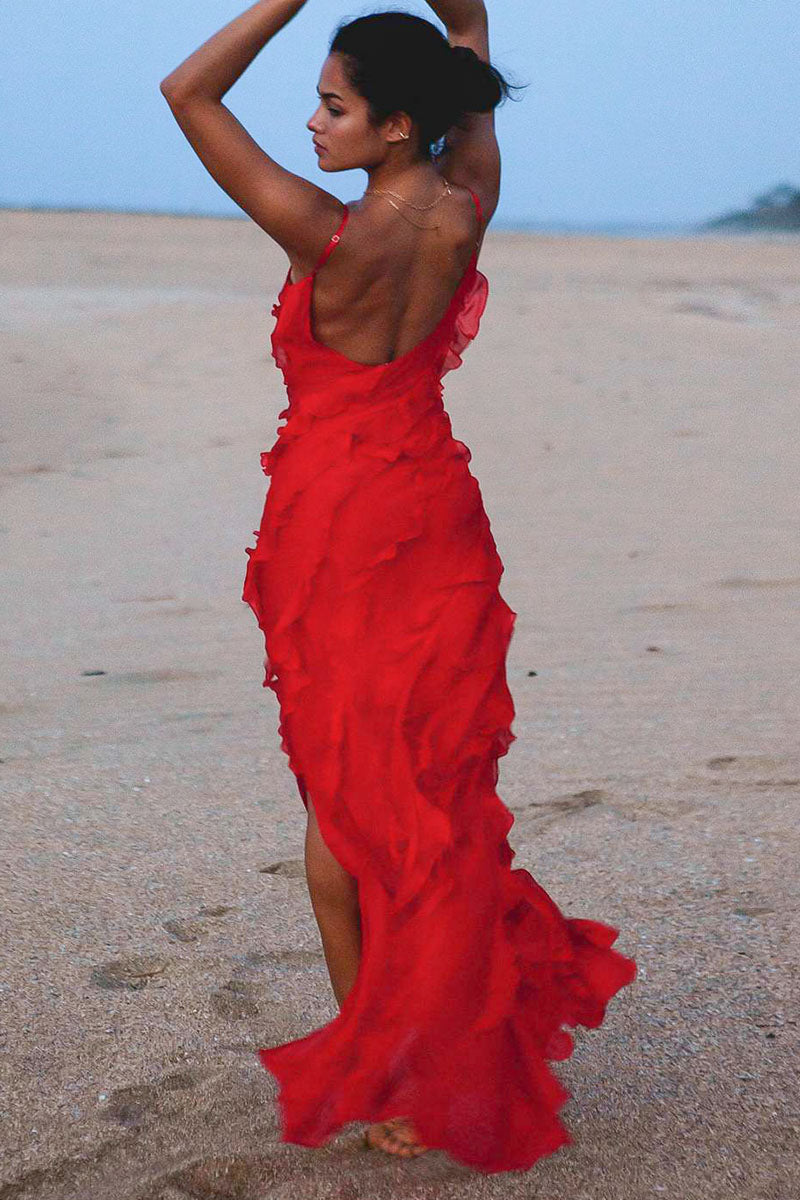 Ruffled Slit V Neck Backless Prom Slip Maxi Dresses