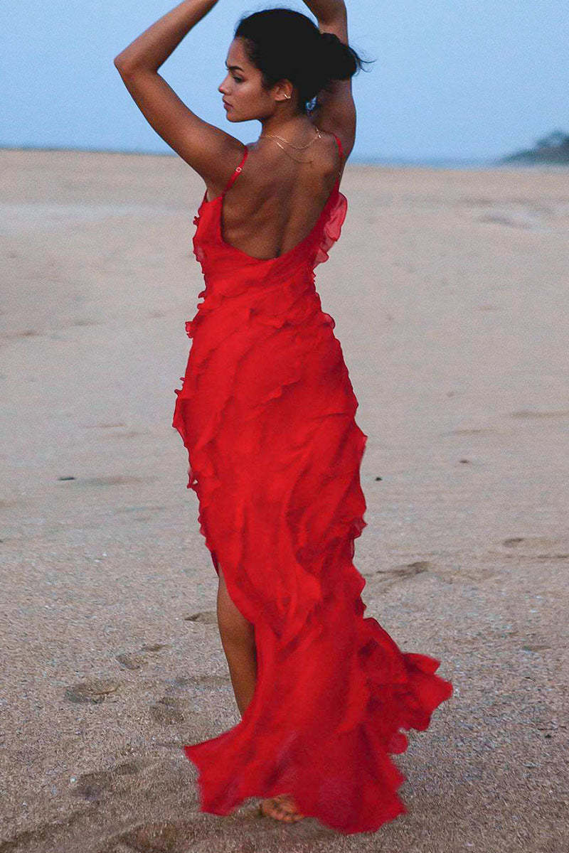 Ruffled Slit V Neck Backless Prom Slip Maxi Dresses