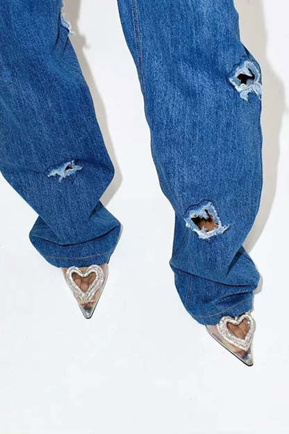 Pointy Toe Ankle Wrapped Heart Shape Rhinestone Velvet Sandals