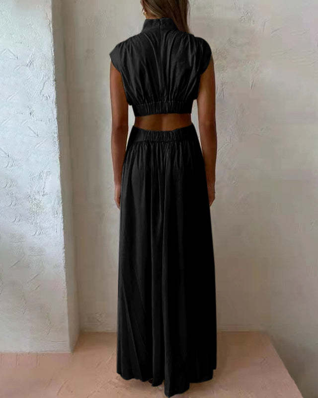 Stand Collar Sleeveless Open Waist Dress Maxi Dresses