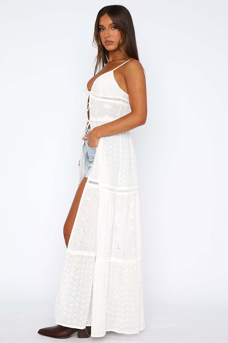 V Neck Front Tie Up Lace A-Line Long Cami-White