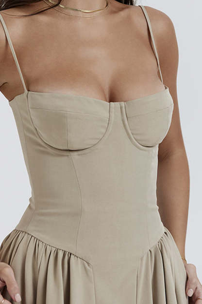 Elegant Cinch Waist Pleated Formal Party Slip Midi Dresses-Beige