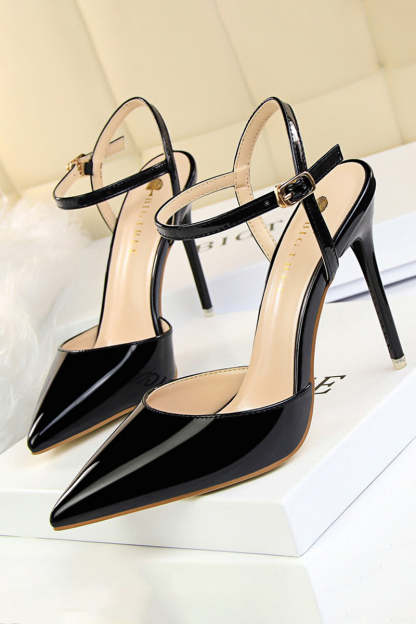 Burnished Plain Pointy Toe Ankle Strap Buckle Stiletto Heels