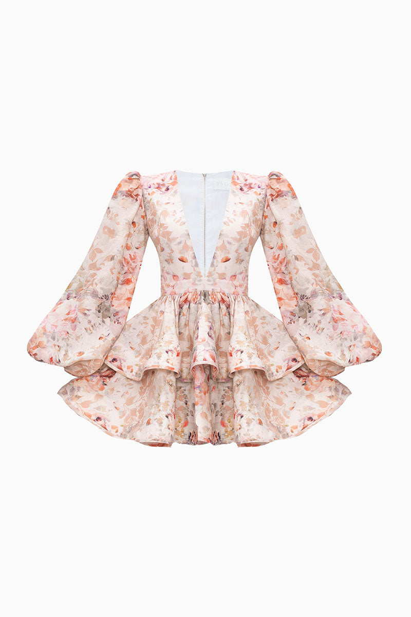 Floral Print V Neck Balloon Sleeve Party Ruffle Mini Dresses