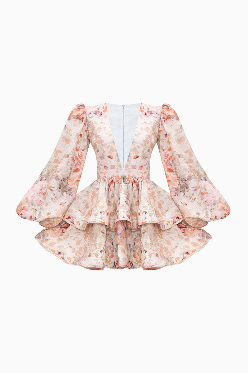 Floral Print V Neck Balloon Sleeve Party Ruffle Mini Dresses