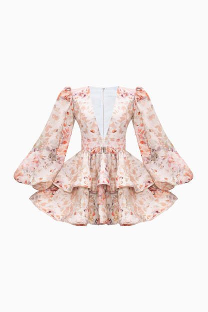 Floral Print V Neck Balloon Sleeve Party Ruffle Mini Dresses