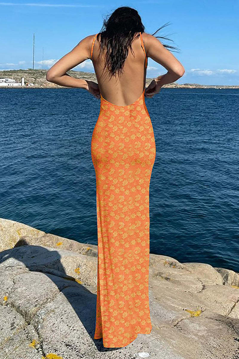 Floral Print Backless Square Neck Vacation Slip Maxi Dresses