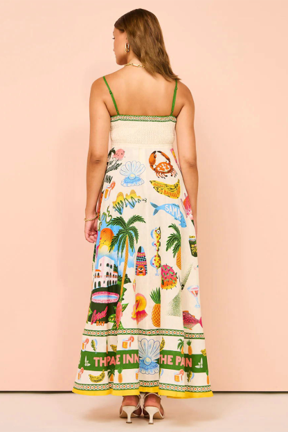 Vacation Mixed Print A-Line Spaghetti Strap Flowy Maxi Dresses-Beige