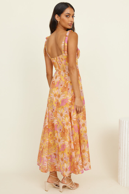 Floral Print Boat Neckline Tie Up Wide Strap A-Line Midi Dresses-Orange